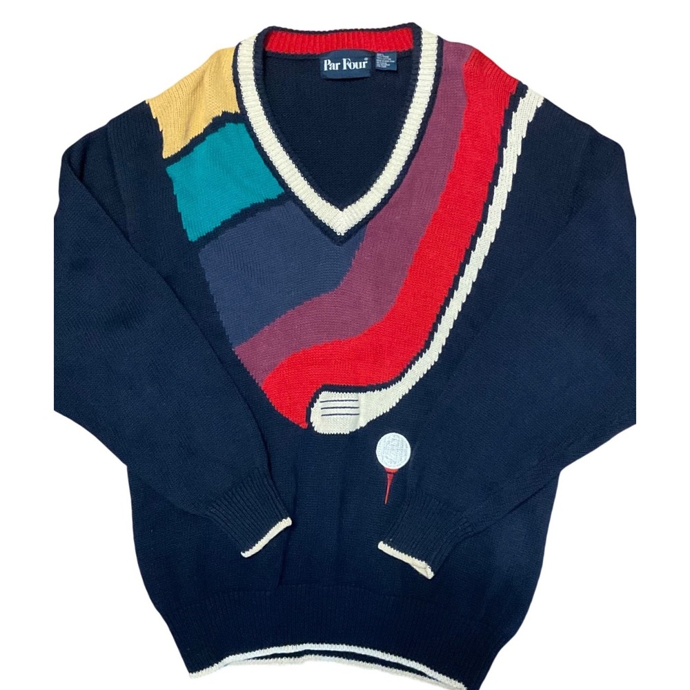 Vintage Par Four Golf Sweater Mens Large Navy Blue V-Neck Knit 90s Retro
